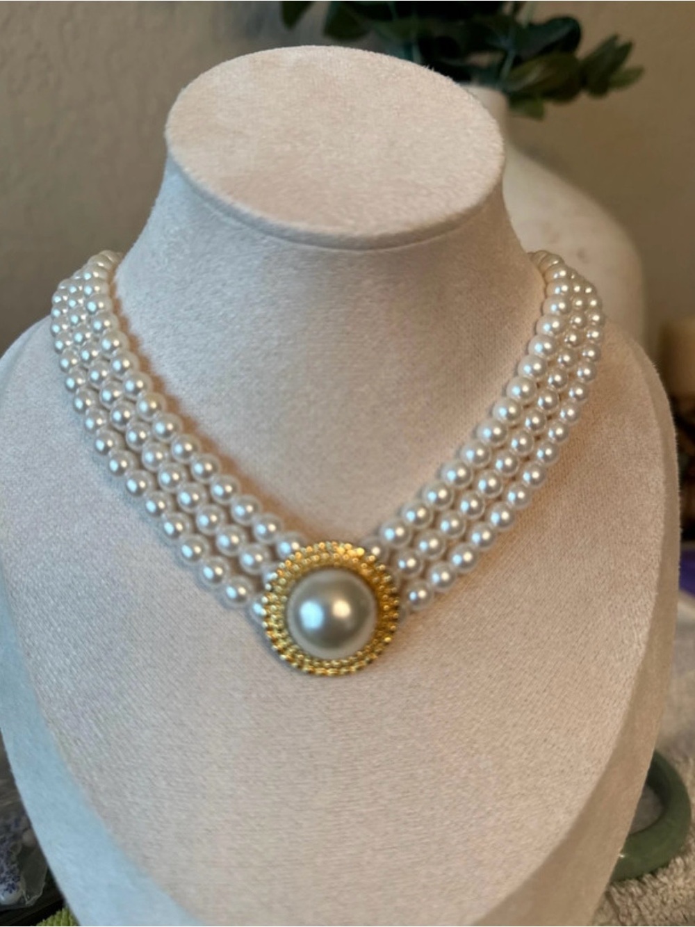 Classic Faux Pearl Multi-Strand Necklace with Gold Medallion